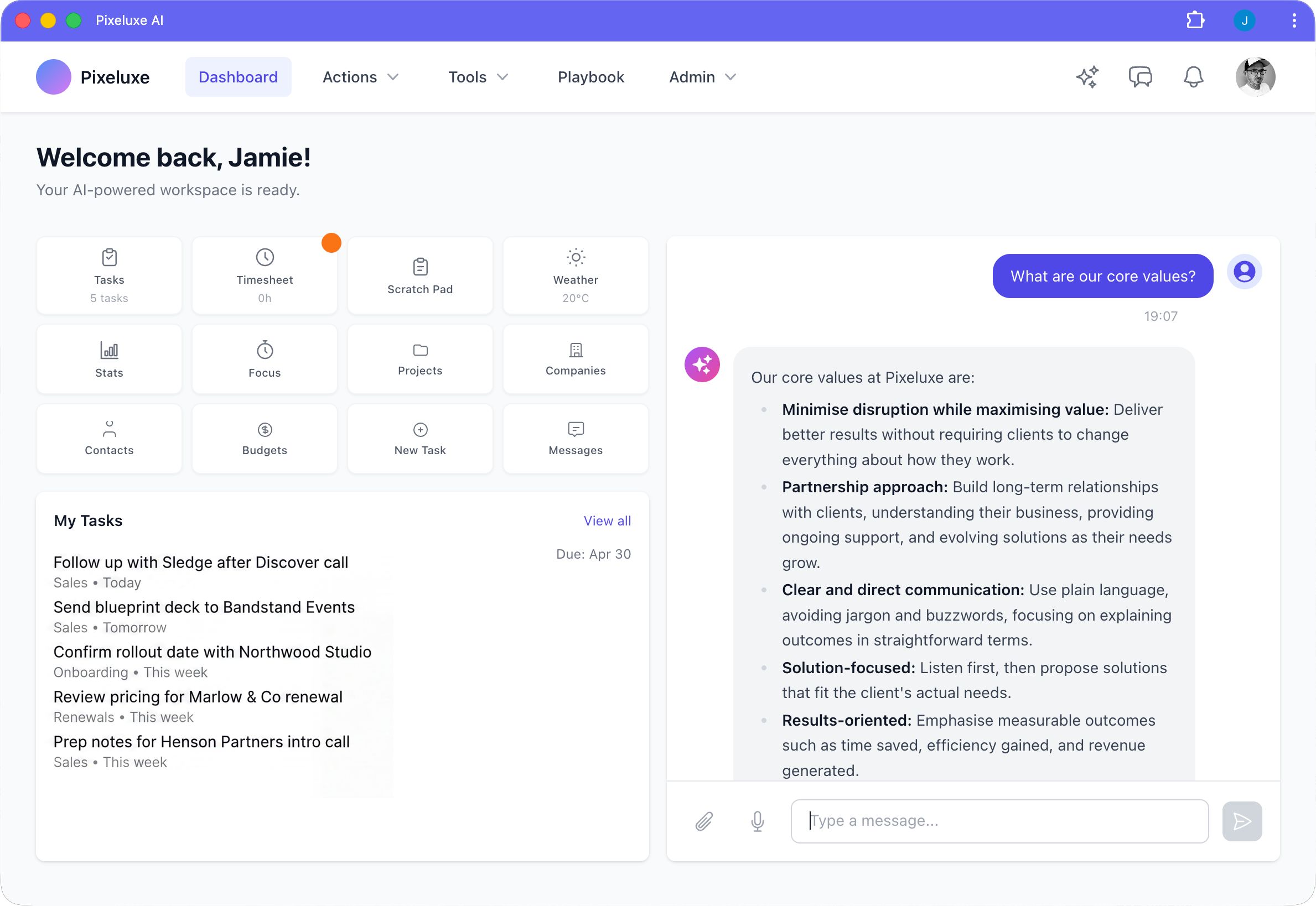 Pixeluxe dashboard showing pipeline, tasks, and AI assistant in a single workspace